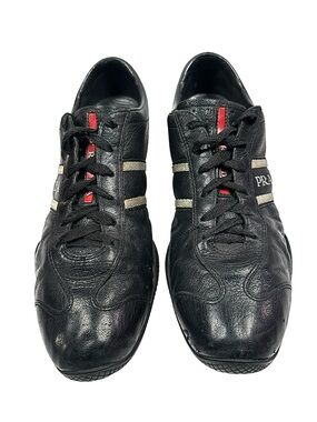 Prada Black Leather Sneakers Red Stripe Low Top Men’s Size 8